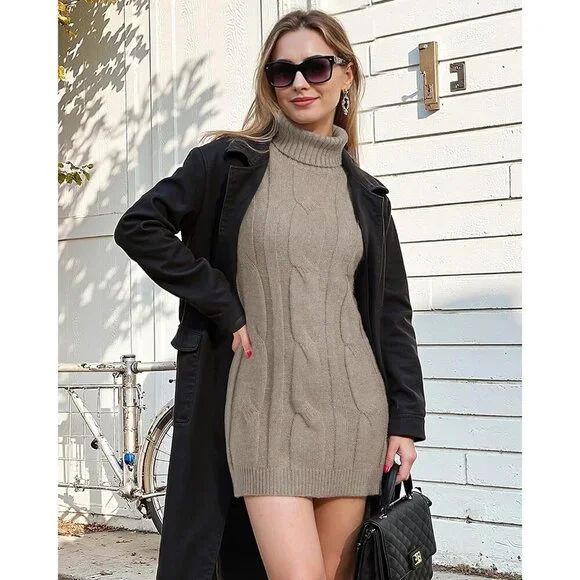 Warm and Stretchy Long Sleeve Turtleneck Midi Dress - Perfect for All Occasions - Picture 3 of 6